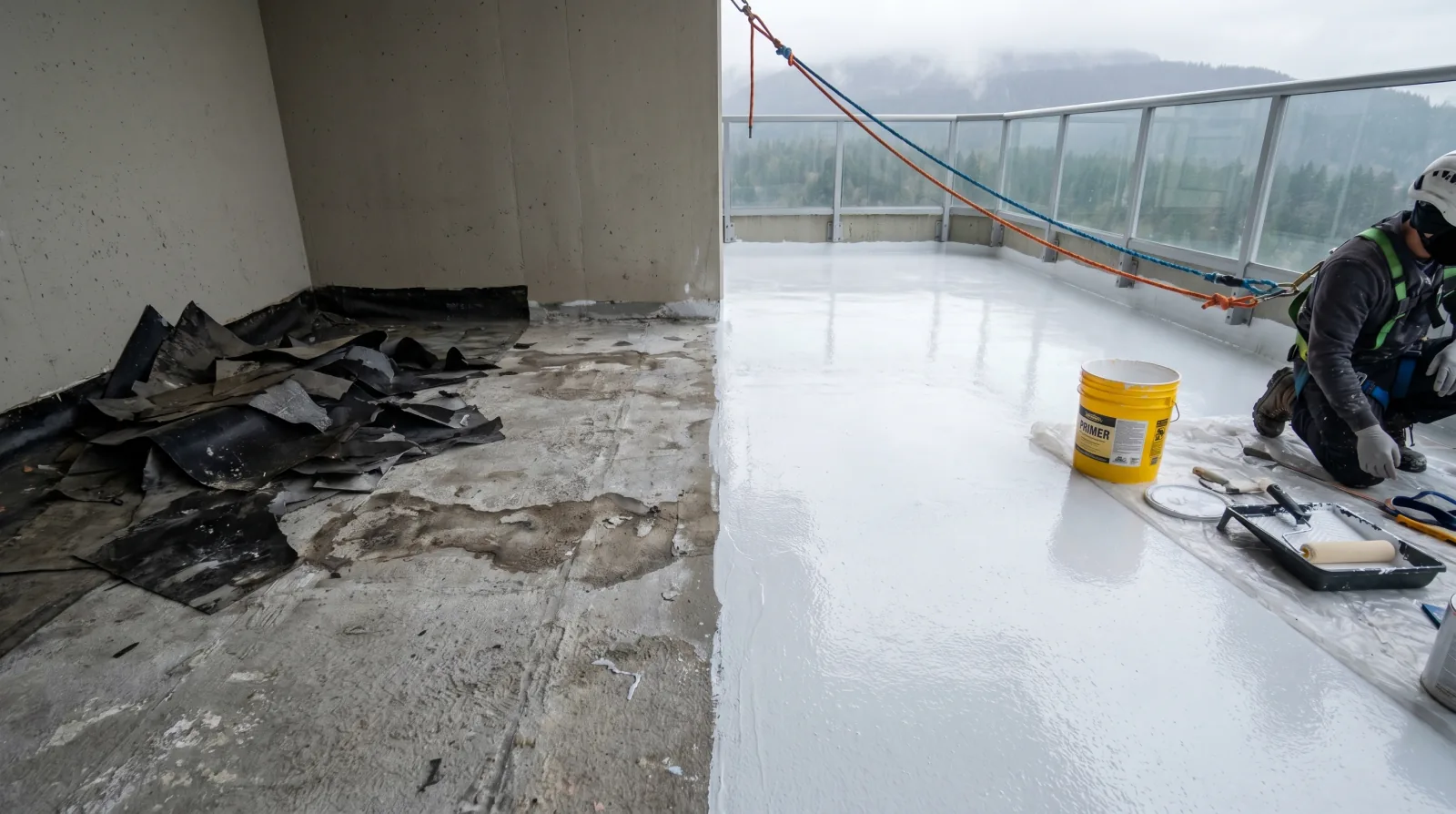 A North Vancouver strata balcony deck mid-restoration: one half stripped back to bare concrete with the old failed membrane torn off, the other half freshly primed for a new liquid waterproofing system, with a primer pail and tools and misty coastal mountains behind.