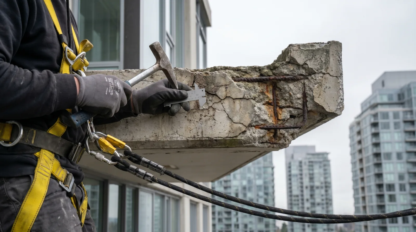 Allweathercoating technician examining concrete spalling and rebar corrosion on a Vancouver high-rise facade during a building envelope inspection.