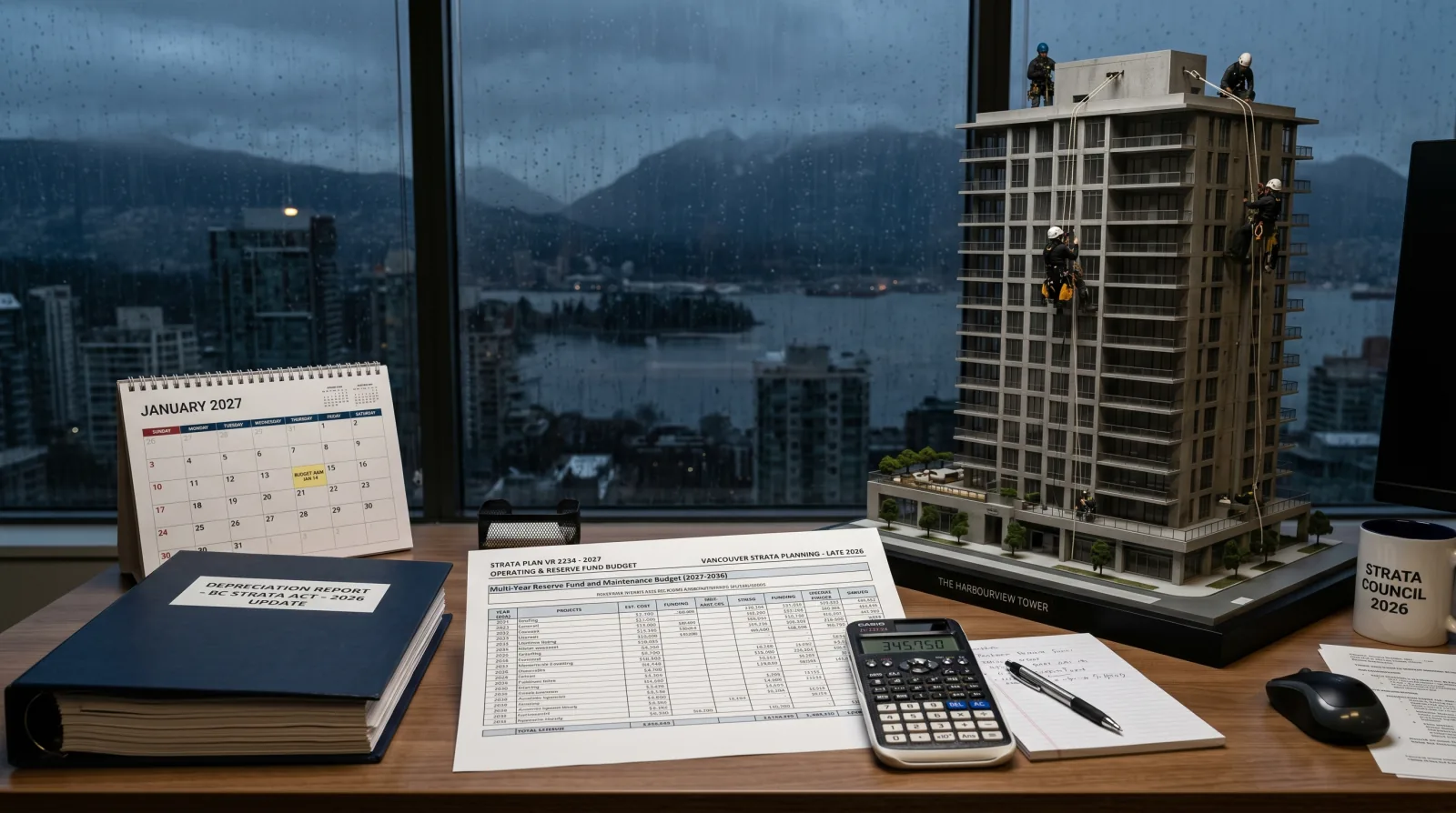 Strata property manager planning a building envelope maintenance budget for a Metro Vancouver strata, with a depreciation report and reserve fund figures on the desk.