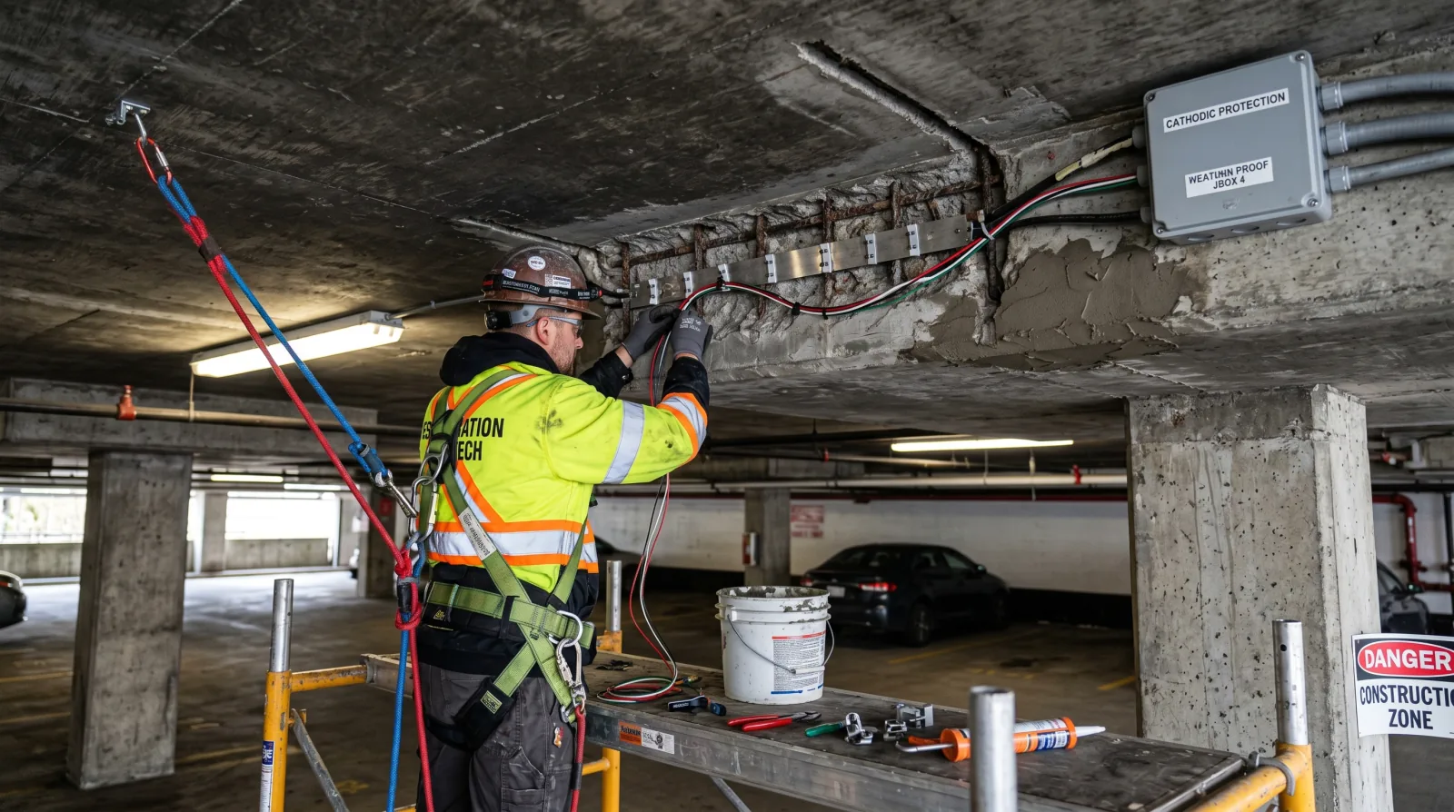 Underground parkade in Vancouver undergoing concrete restoration: a suspended slab soffit and columns with chloride-stained spalling, sacrificial anodes being tied to exposed rebar at a patch perimeter before mortar is placed.