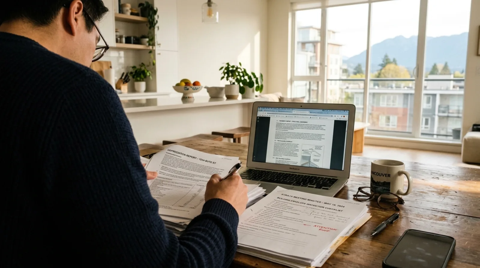 Vancouver condo buyer reviewing depreciation report and strata maintenance documents with a building envelope condition checklist during due diligence.