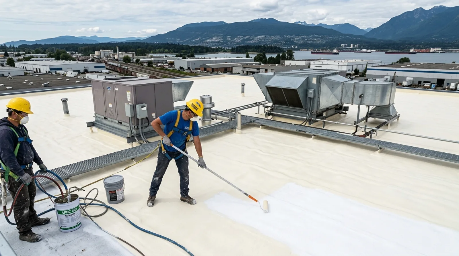 Spray polyurethane foam (SPF) roof being applied to a commercial flat roof in BC with a roller-applied silicone topcoat for UV protection.