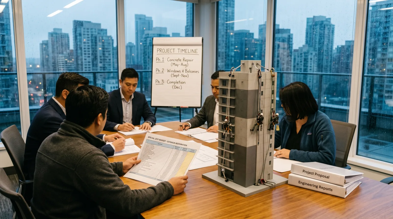Strata council members reviewing building envelope restoration funding options at a Metro Vancouver strata general meeting, with financial documents and a report on the table.