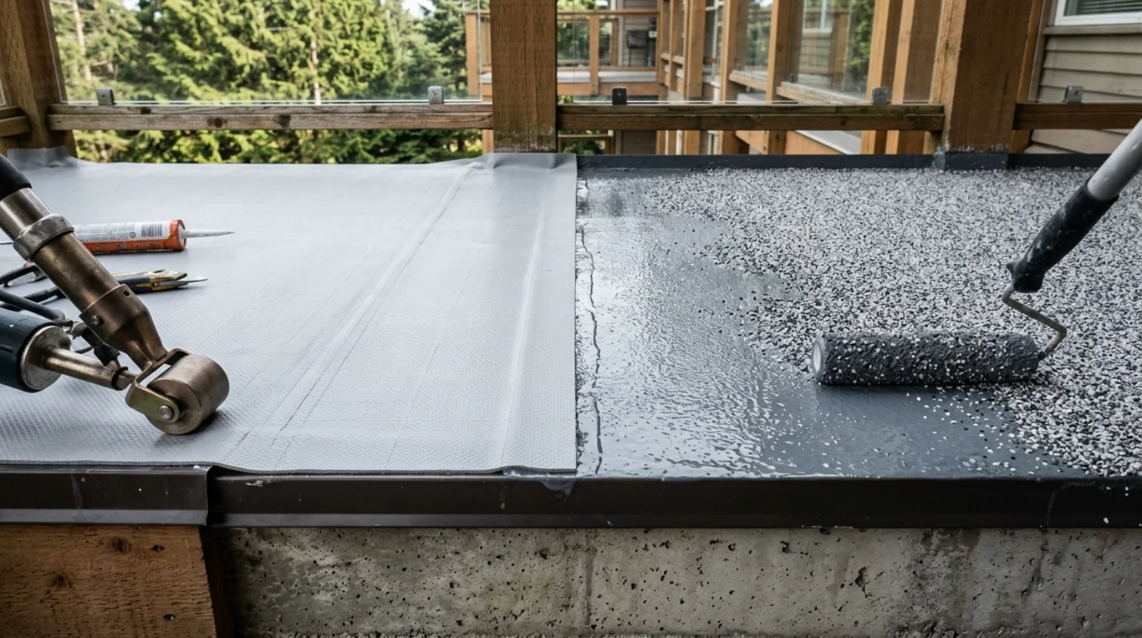 Side-by-side detail of vinyl deck membrane sheet and liquid-applied polyurethane membrane being installed on adjacent BC strata balconies.