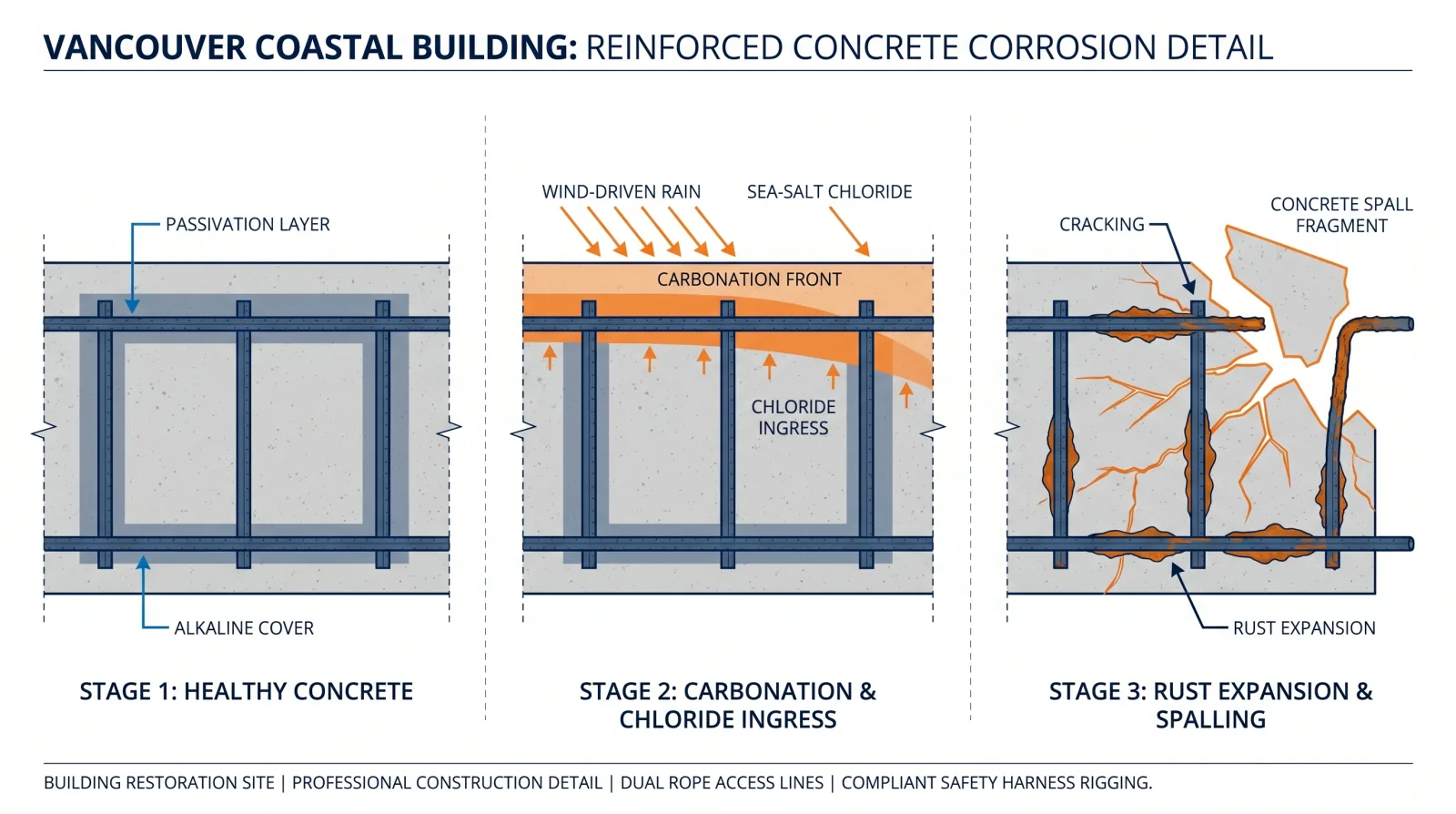 Three-stage diagram showing healthy reinforced concrete, then carbonation and chloride ingress reaching the rebar, then rust expansion cracking off a spall fragment.